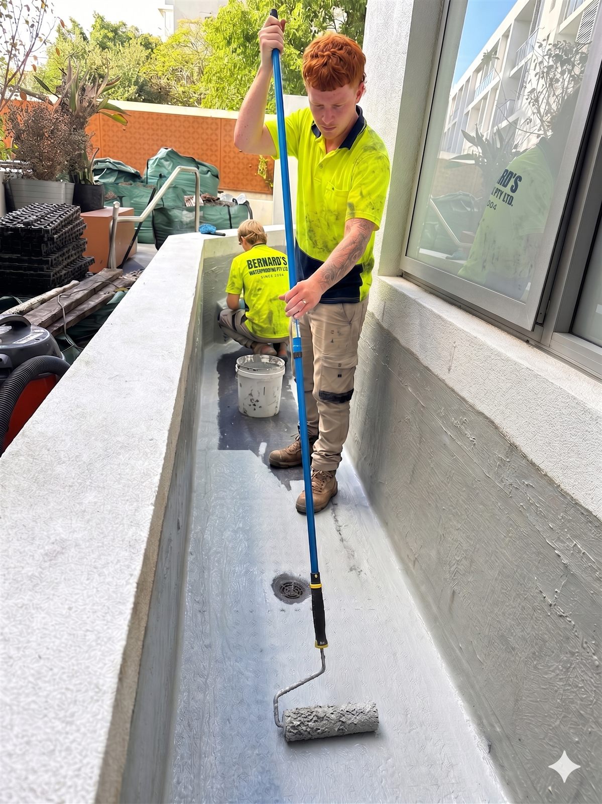 Bernard Waterproofing team applying waterproof membrane to a balcony surface