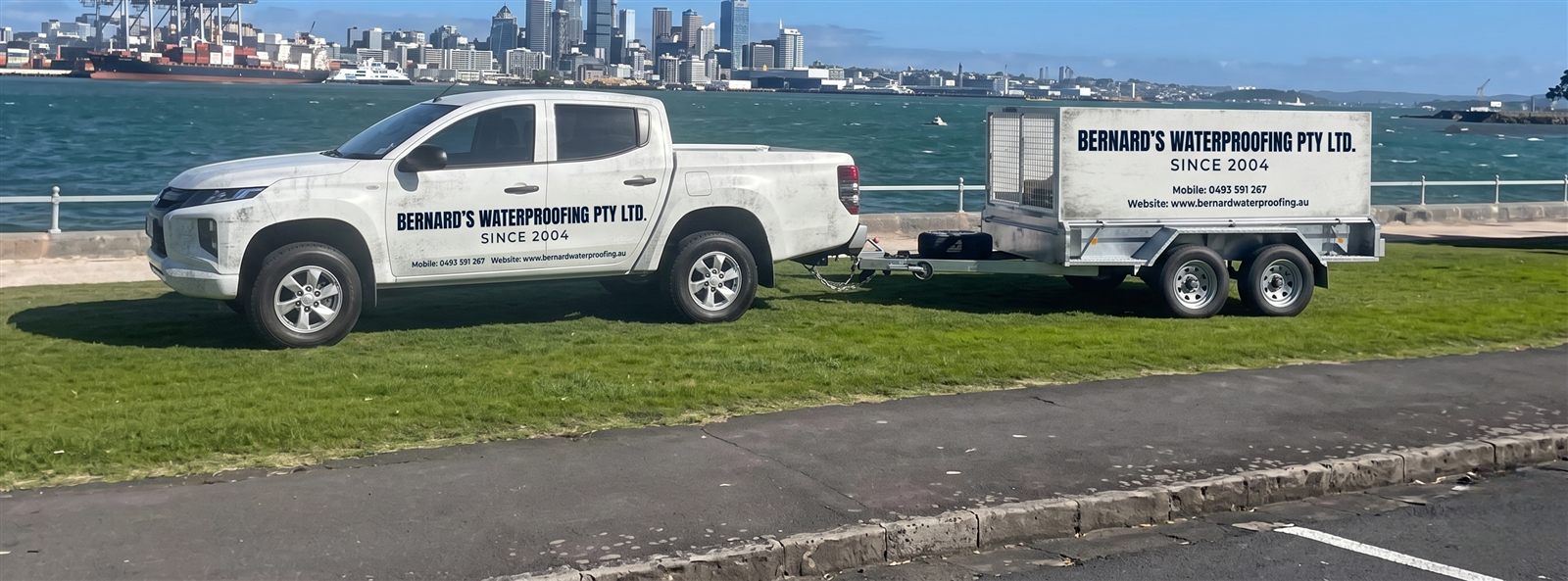 Bernard Waterproofing Pty Ltd branded ute and trailer on location in Sydney