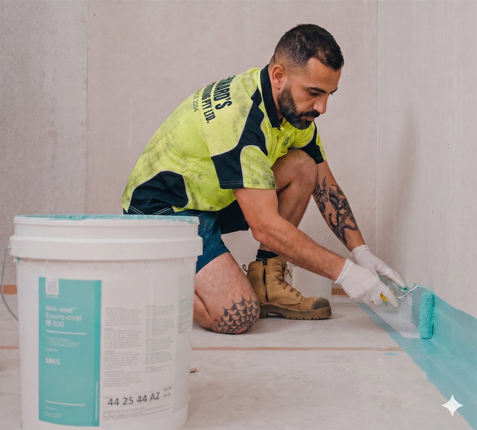 Bernard Waterproofing team member carefully applying membrane to a concrete floor