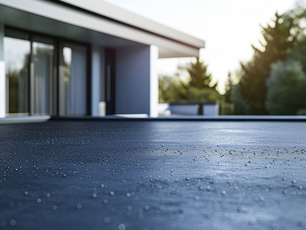 Close-up of a professionally waterproofed modern surface with water beading off the membrane